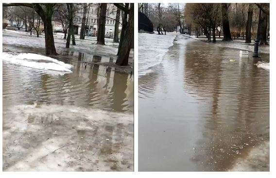 В результате проблем с системой водостоков в Петербурге появились новые "озера"
